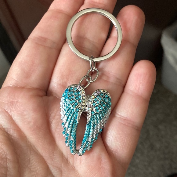 Angel Wings Blue Pendant Keychain Handbag Jewelry Inlaid Rhinestone Enamel New - Picture 2 of 12